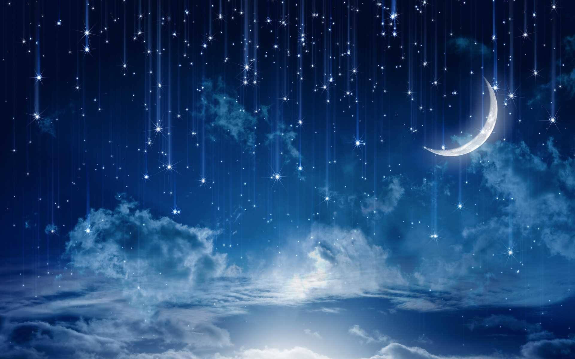 Beautiful Night Crescent Moon And Glittery Stars