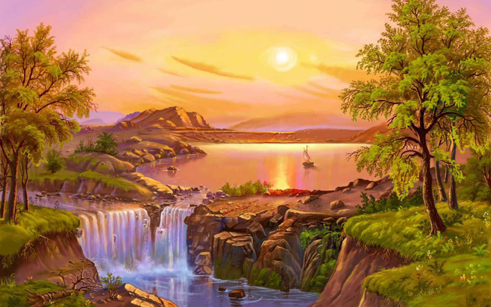 Tranquil Sunset over a Serene Lake Wallpaper