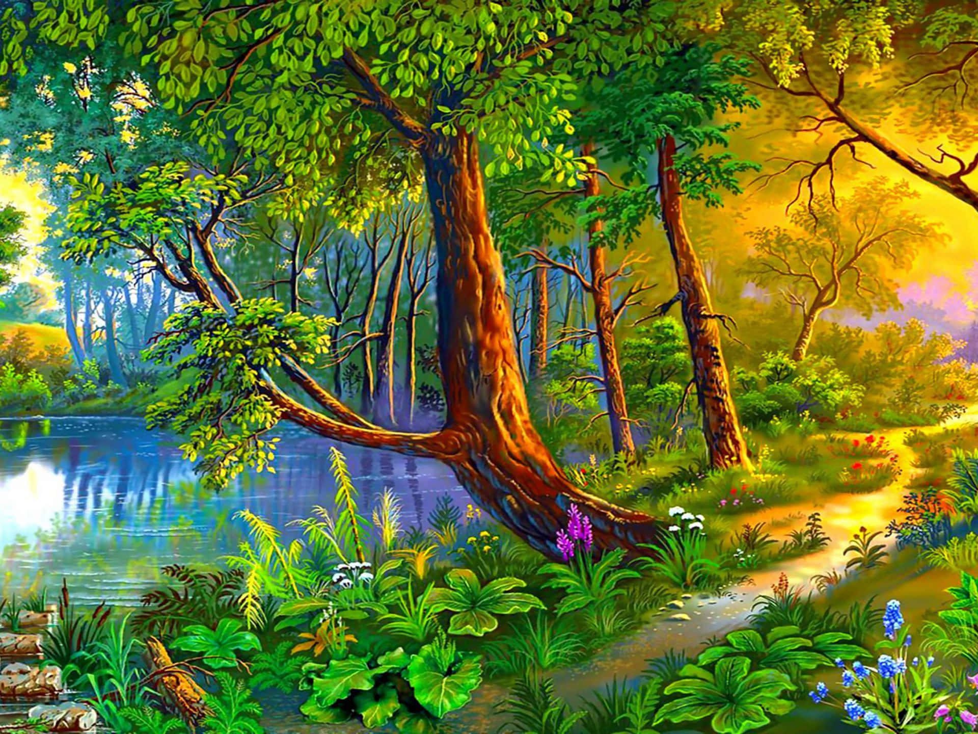Serene Nature Scene: A Beautiful Canvas Painting Wallpaper