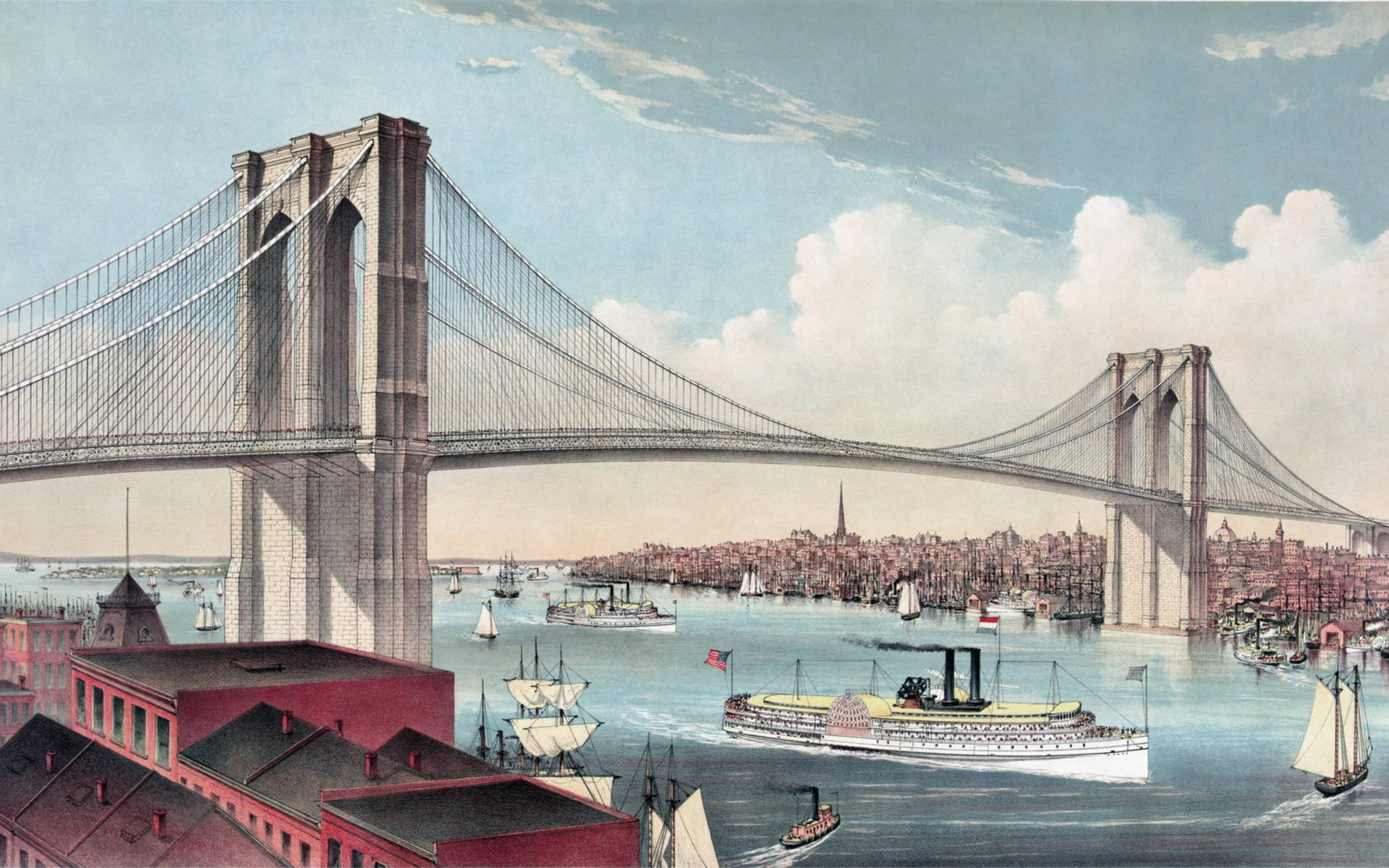 Beautiful Painting Of Brooklyn Bridge Wallpaper
