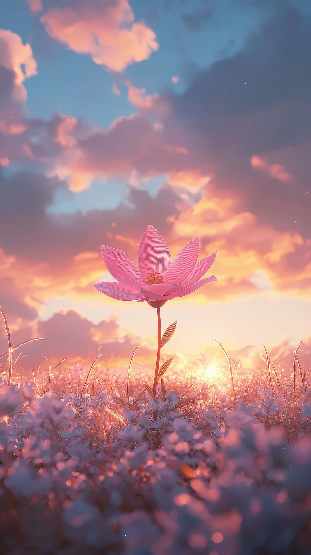 Beautiful Pink Flower Blooming Under A Vibrant Sunset Sky With Dreamy Lighting Wallpaper