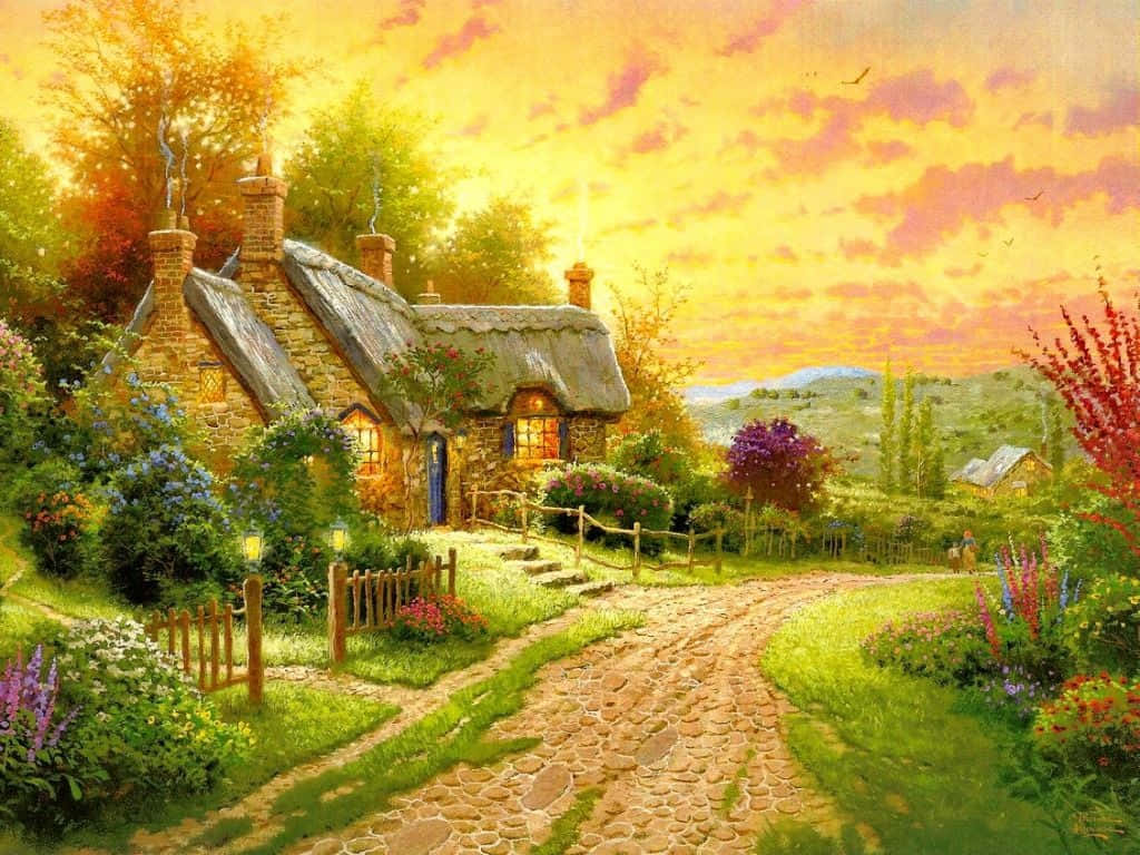 A Painting Of A Cottage With A Path