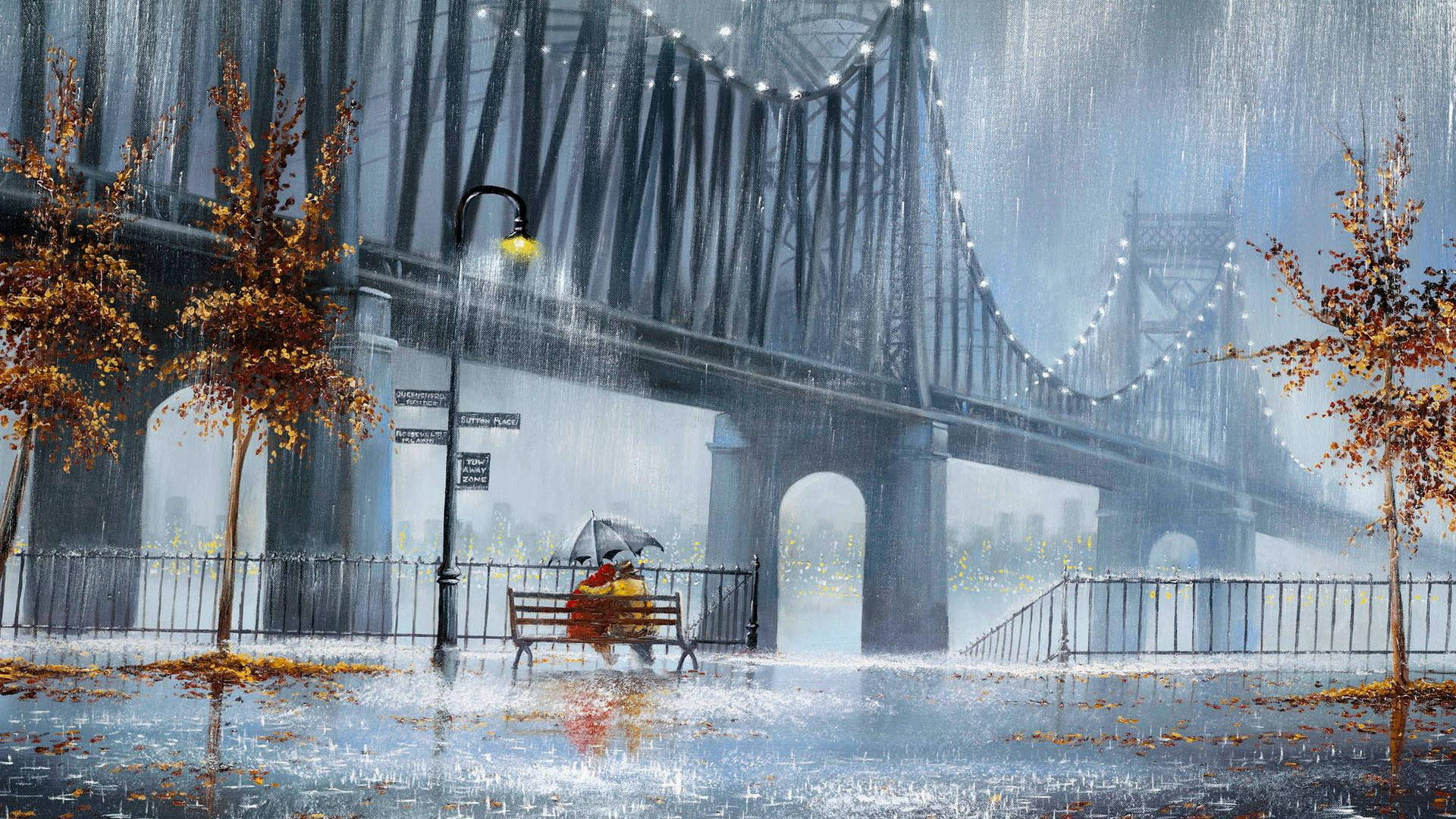 Beautiful Rain Near The Bridge Wallpaper