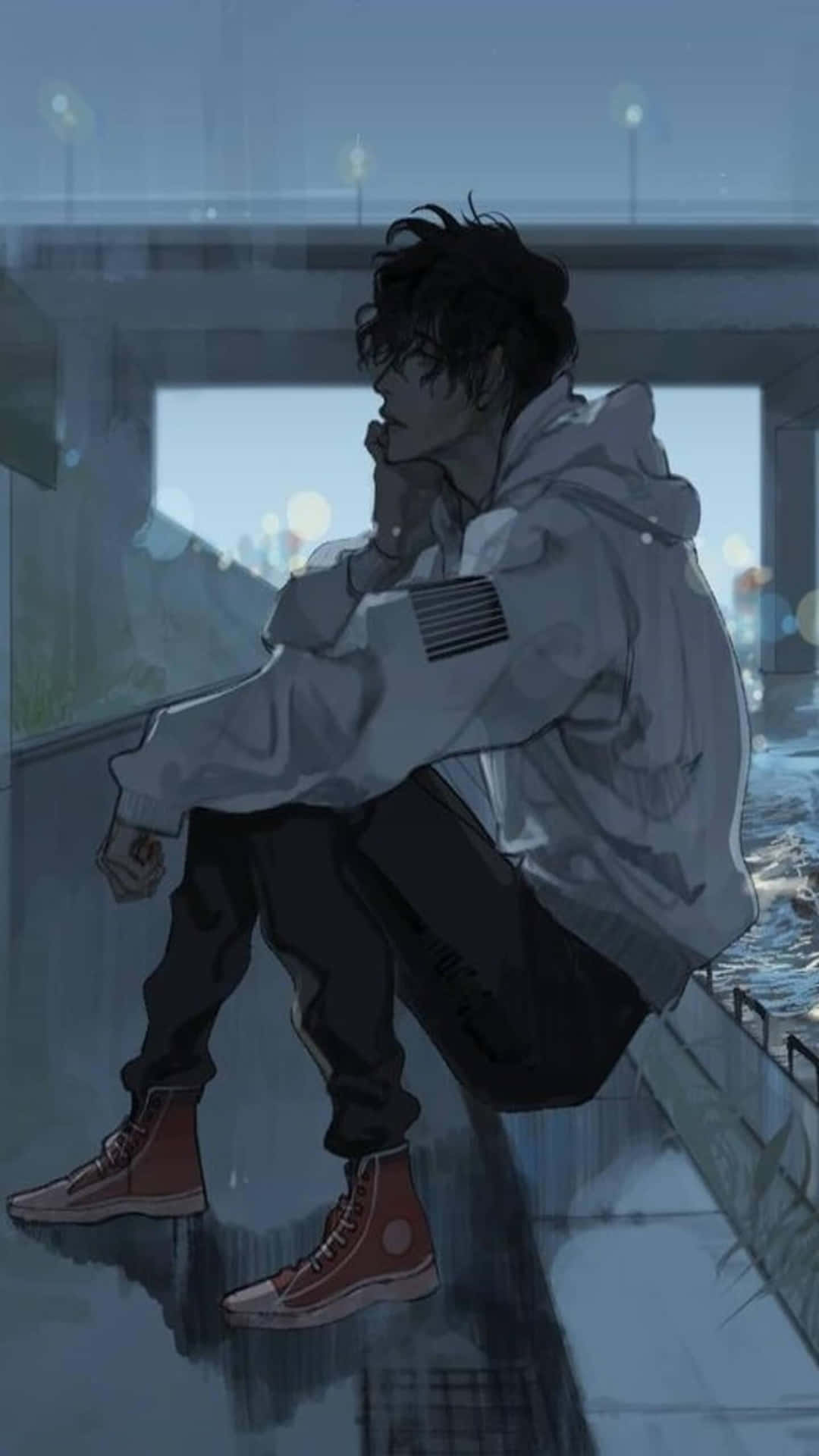 En smuk men trist anime pige stirrer ud i horisonten og drømmer om et bedre fremtid. Wallpaper