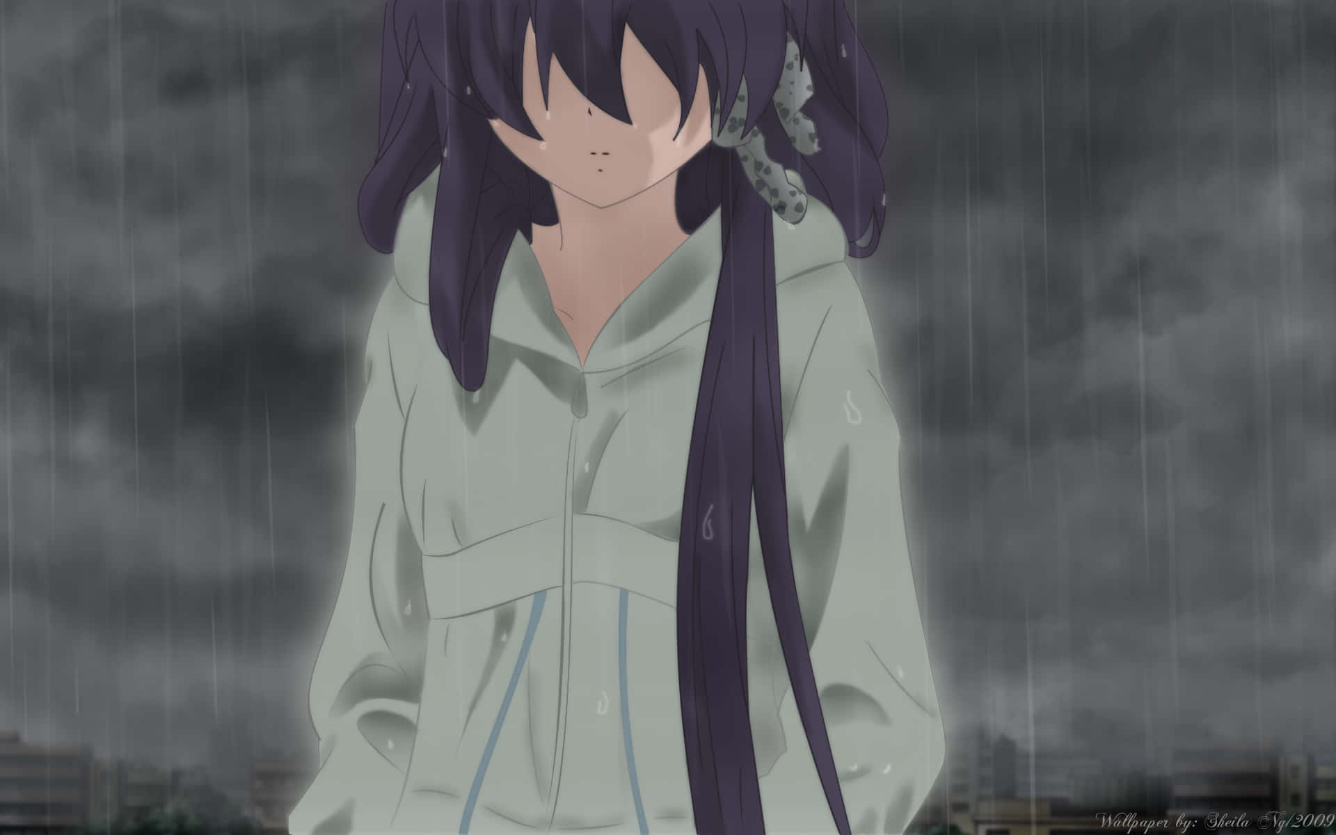 A lonely yet beautiful anime girl looking out over a city skyline with a feeling of sadness. Wallpaper