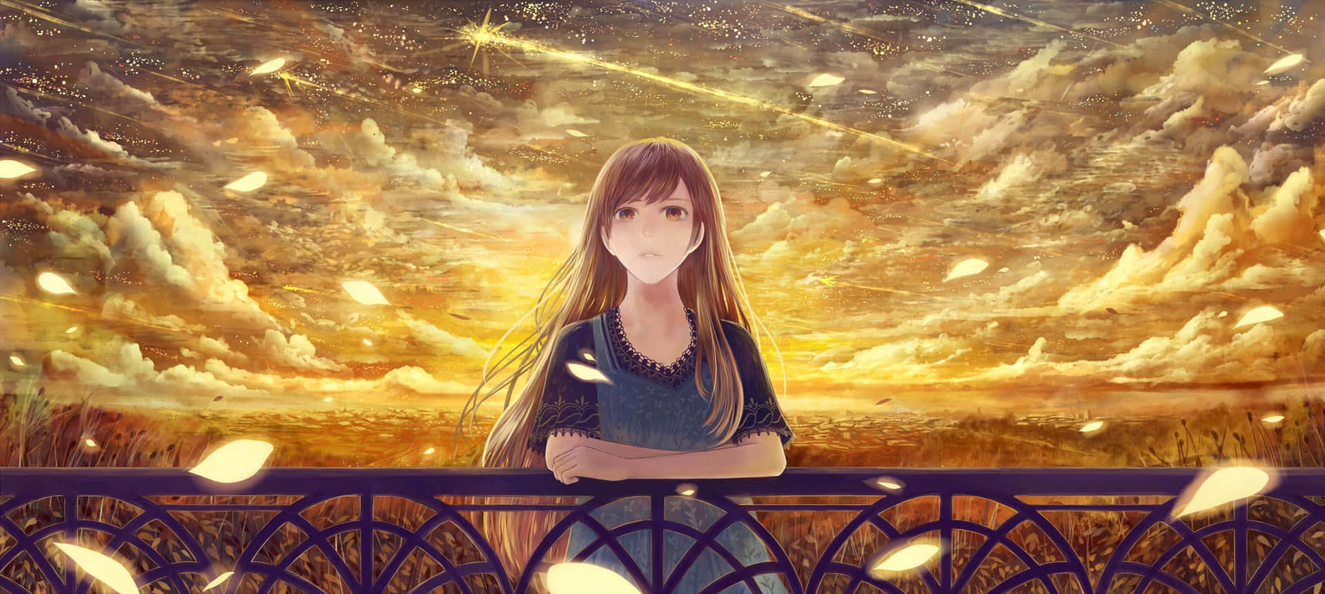 Et følelsesmæssigt portræt af en smuk anime pige der tyder tilsyneladende at sørge for noget. Wallpaper
