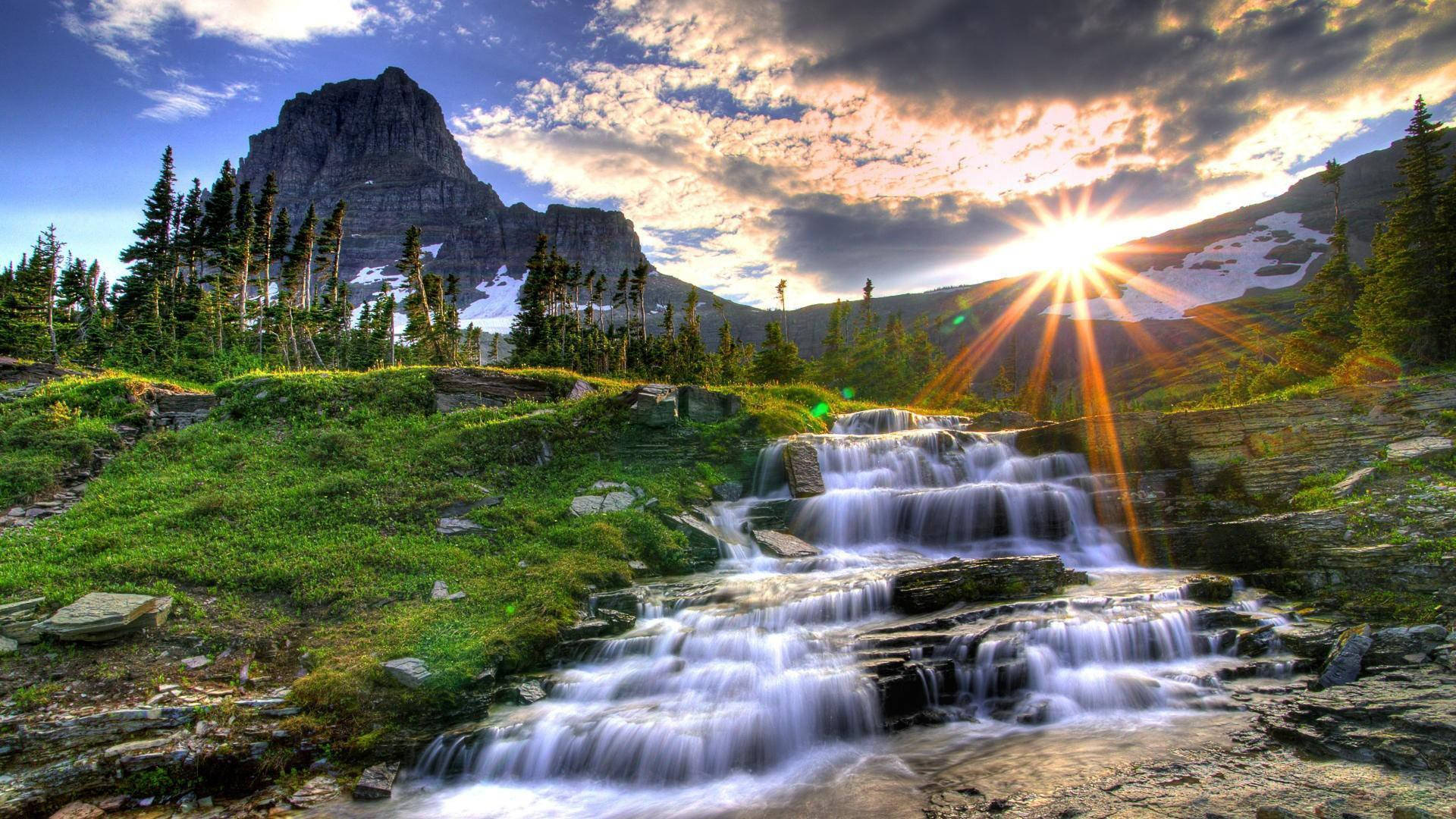 Beautiful Scenery Sunrise Waterfall Wallpaper