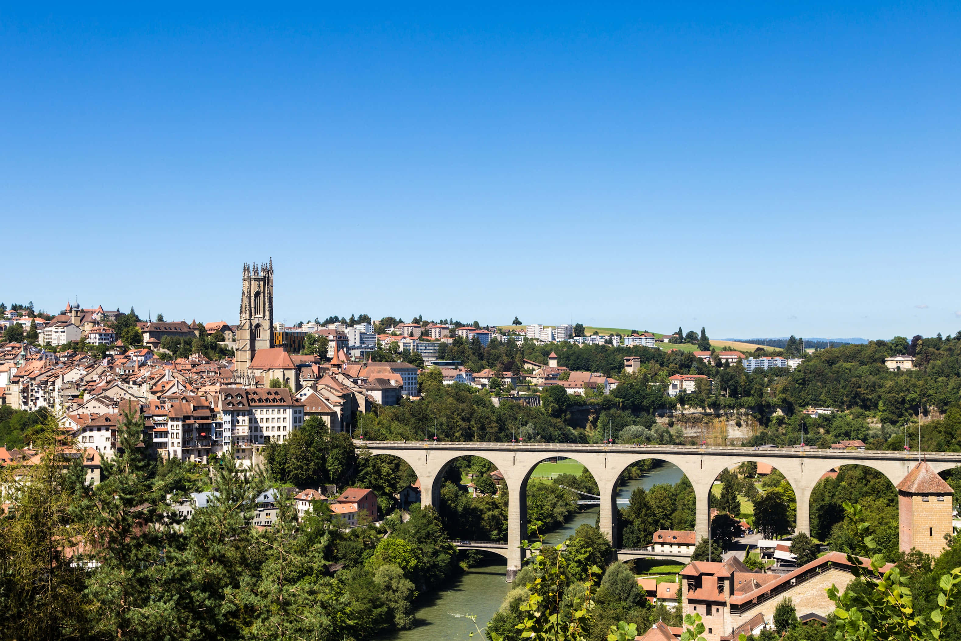 Beautiful Scenic View Of The Medieval Town Of Fribourg Wallpaper