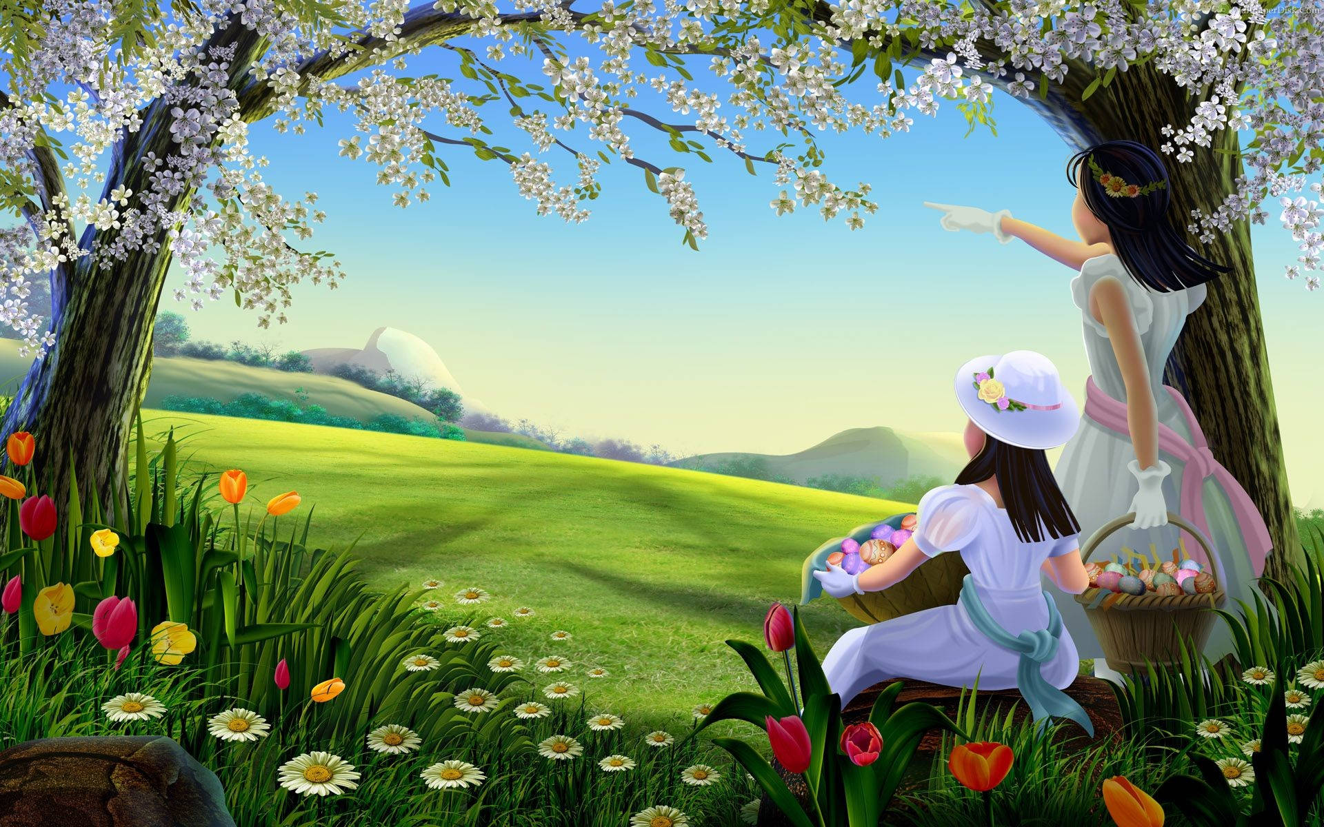 Beautiful Spring Girls Digital Art Wallpaper