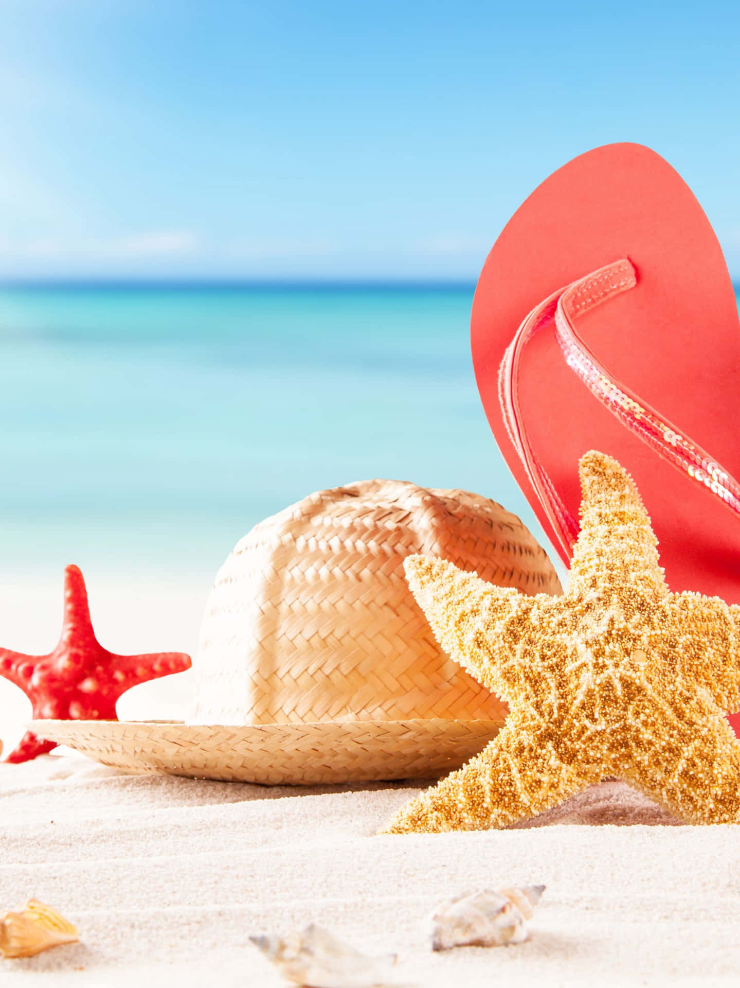 A Pair Of Flip Flops And A Starfish On The Beach Wallpaper