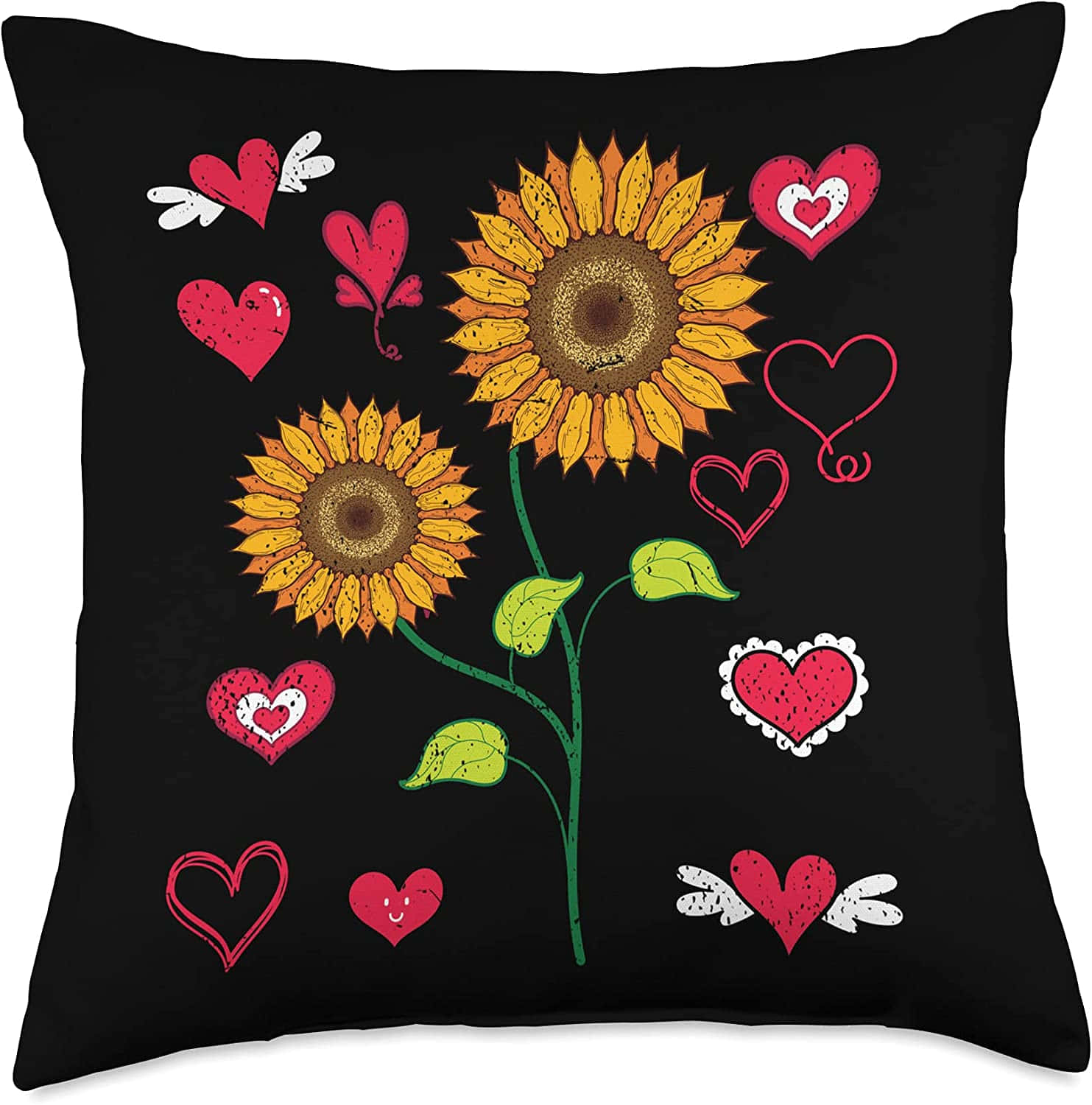 A Black Pillow With Sunflowers And Hearts On It