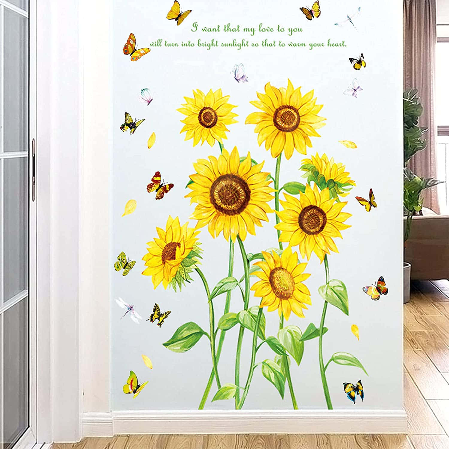 A Room With Sunflowers And Butterflies On The Wall