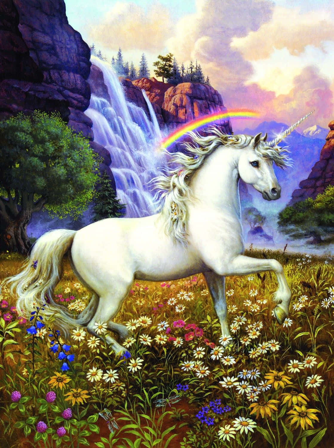 Beautiful Unicorn In Flower Fields And Falls Picture