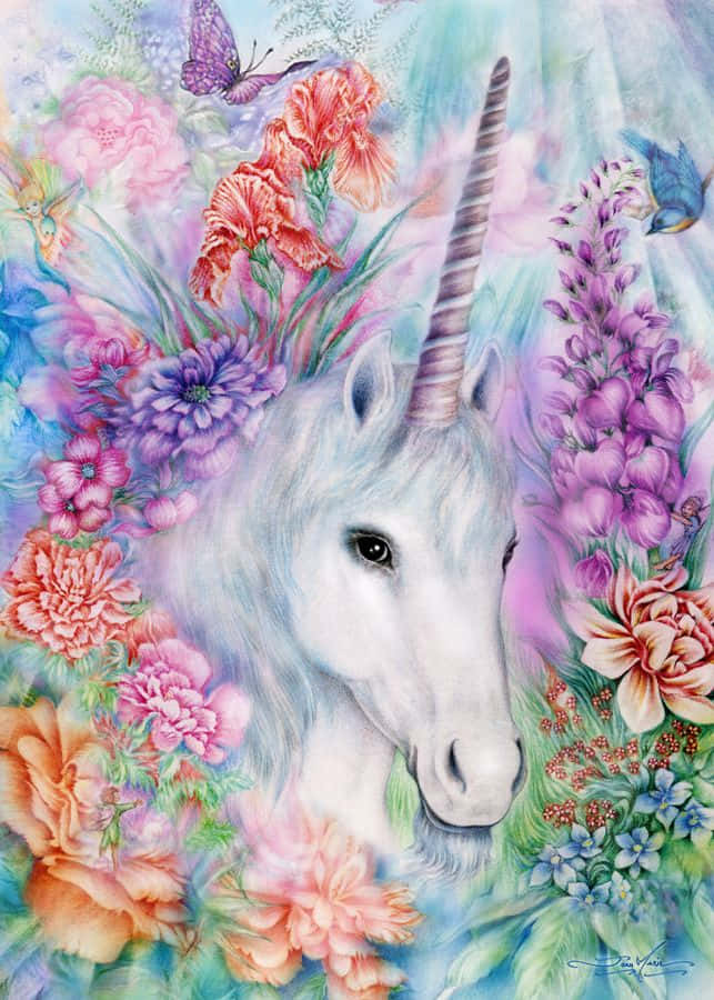 Beautiful Unicorn Face With Flowers And Butterflies Picture