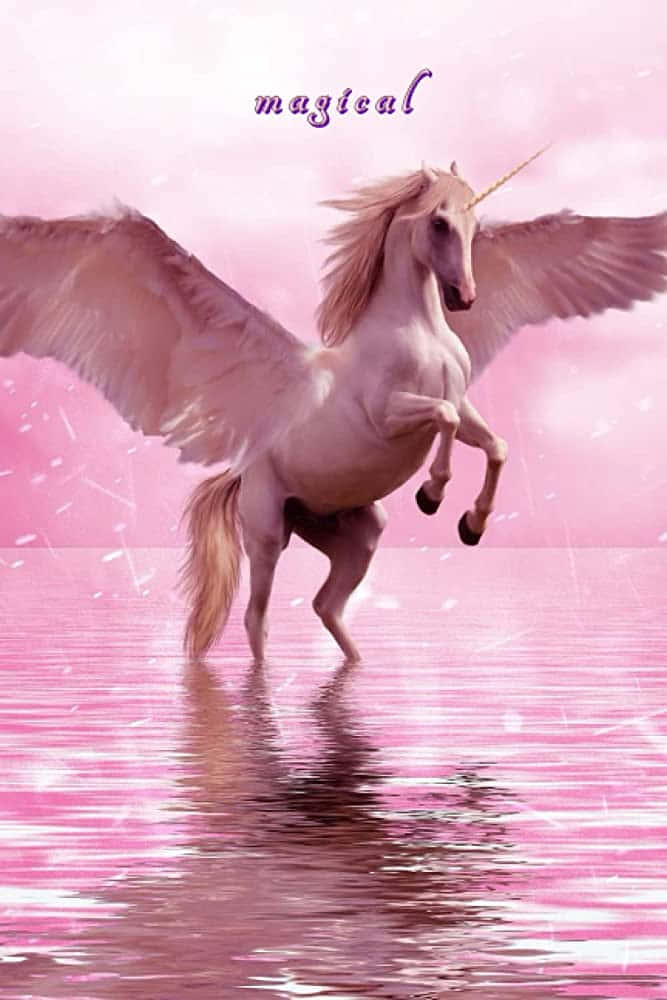 Schöneseinhorn Breitet Die Flügel Auf Einem Bild Im Pinken Wasser Aus.