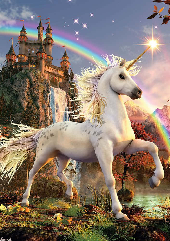 Beautiful Unicorn Galloping In Kingdom And Rainbow Picture