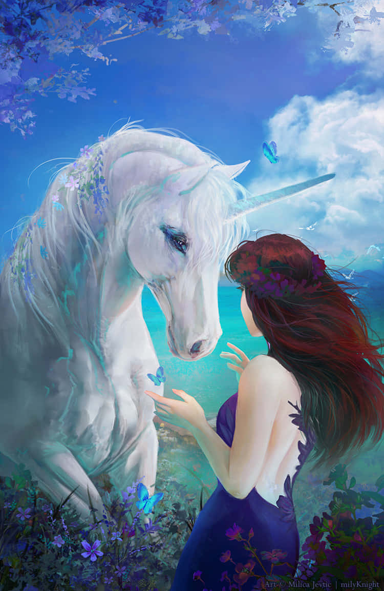 Bellaimmagine Di Una Donna Unicorno Nel Background Del Cielo