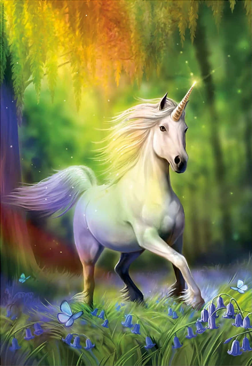 Imagende Un Hermoso Unicornio Corriendo En Un Bosque Arcoíris.