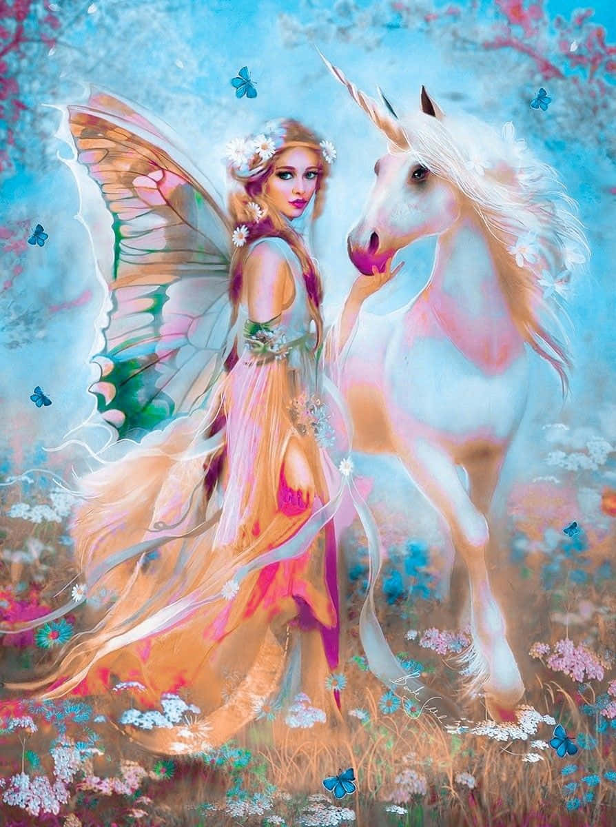 Bellissimaimmagine Di Un Unicorno Tenuto Da Una Fata Magica.