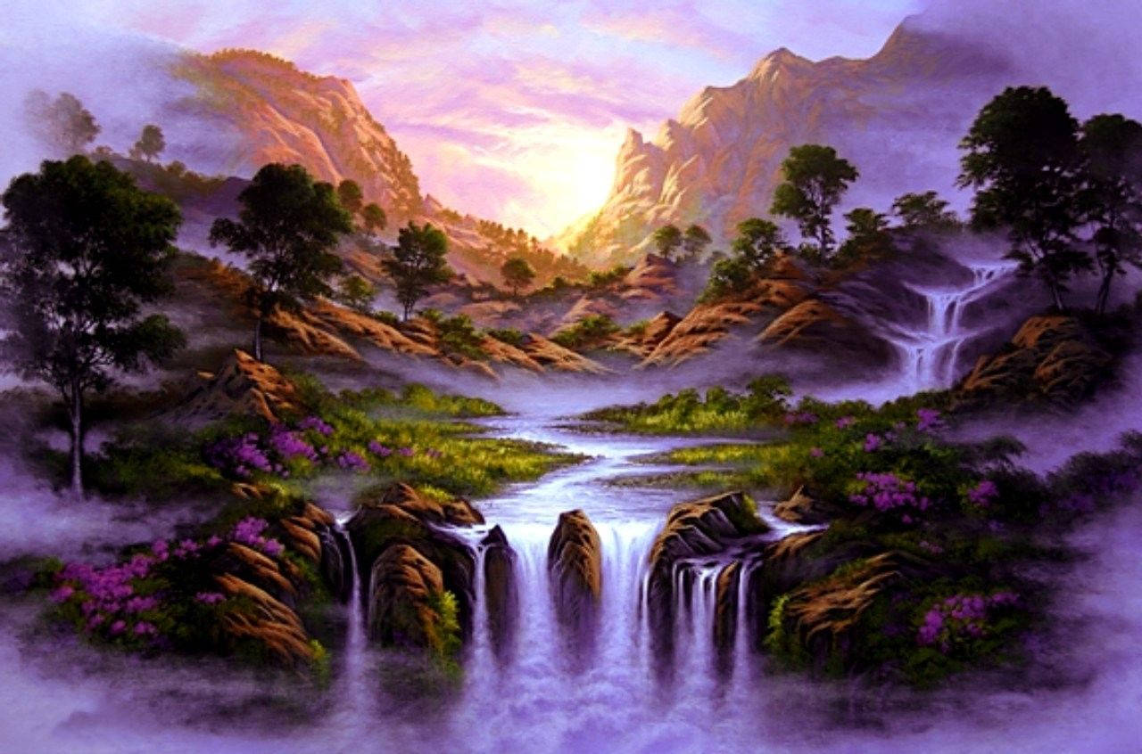 Beautiful Waterfall At Sunrise Wallpaper