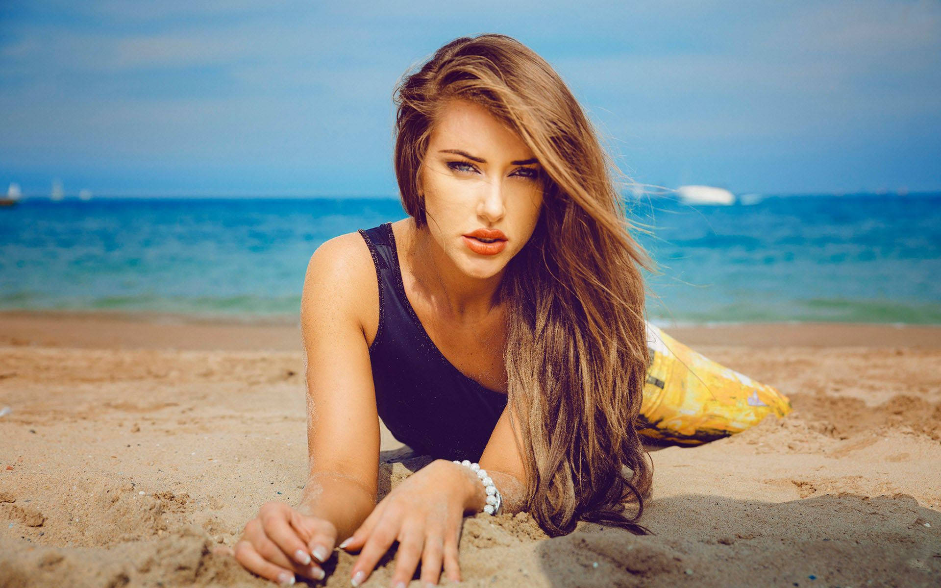 Beautiful Woman On Beach Background