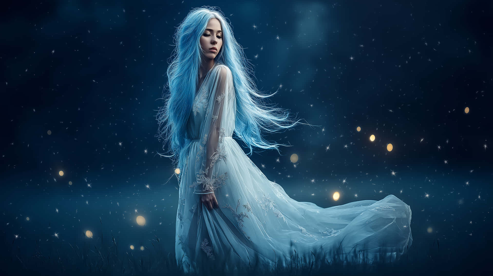 Beautiful Woman With Flowing Hair In Starlit Night Meadow Wallpaper