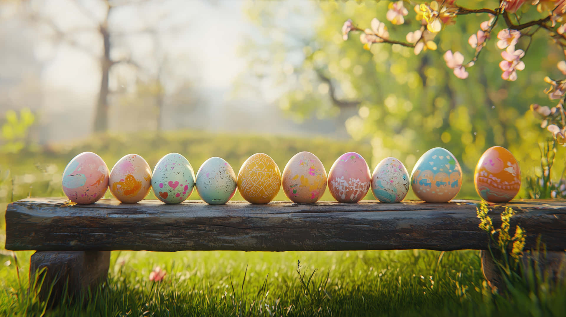 Beautifully Decorated Easter Eggs Arranged On A Rustic Wooden Bench In A Spring Garden Wallpaper