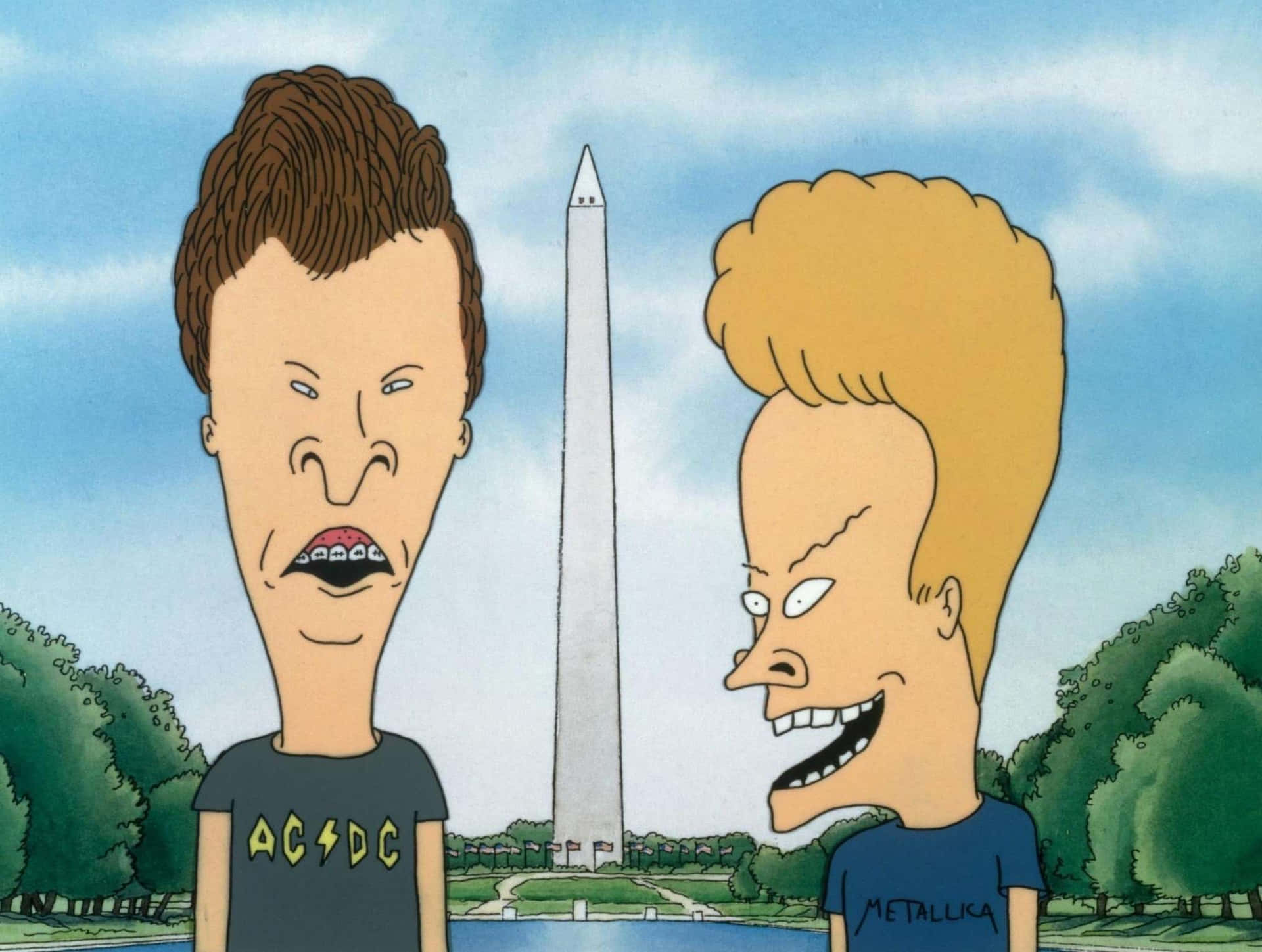 Two Cartoon Characters Standing In Front Of The Washington Monument