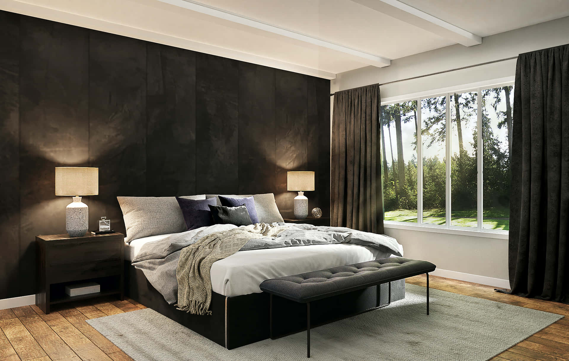 A Bedroom With Black Walls And Wooden Floors