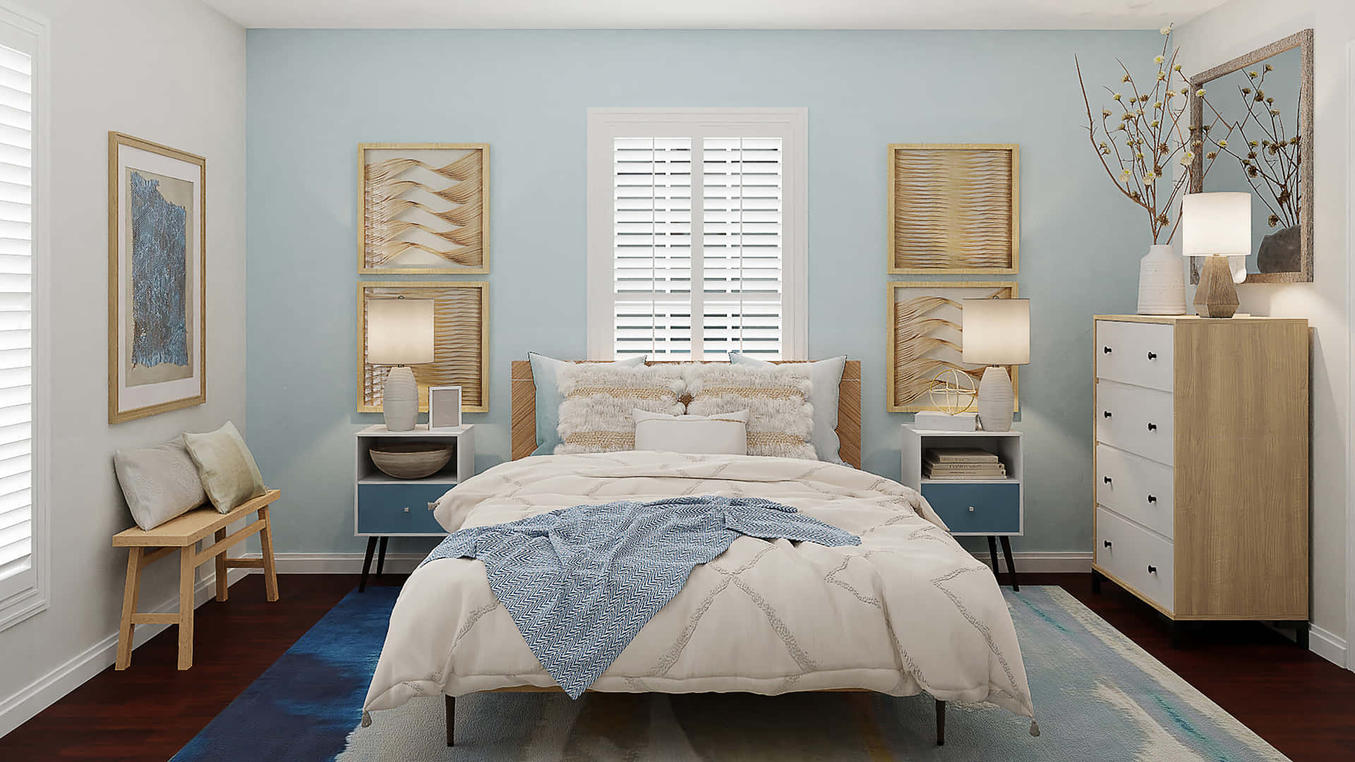 A Blue Bedroom With White Walls