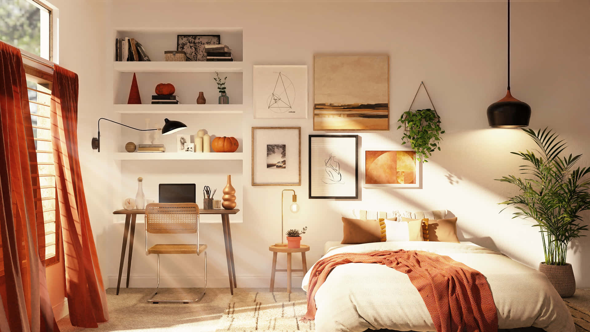 A Bedroom With A Bed, Desk And Shelves