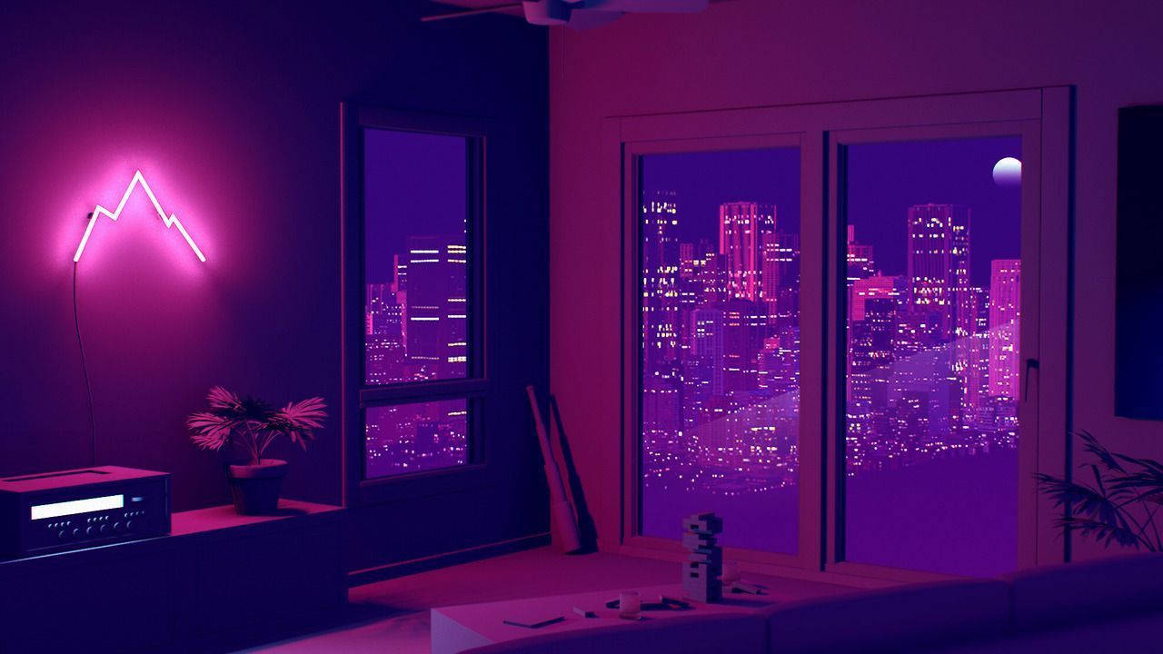 Bedroom With Purple Aesthetic Iphone Theme Wallpaper
