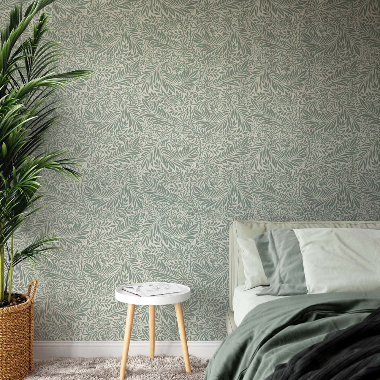 Bedroom With Tall Plant Against A Wall With Subtle Pattern Wallpaper