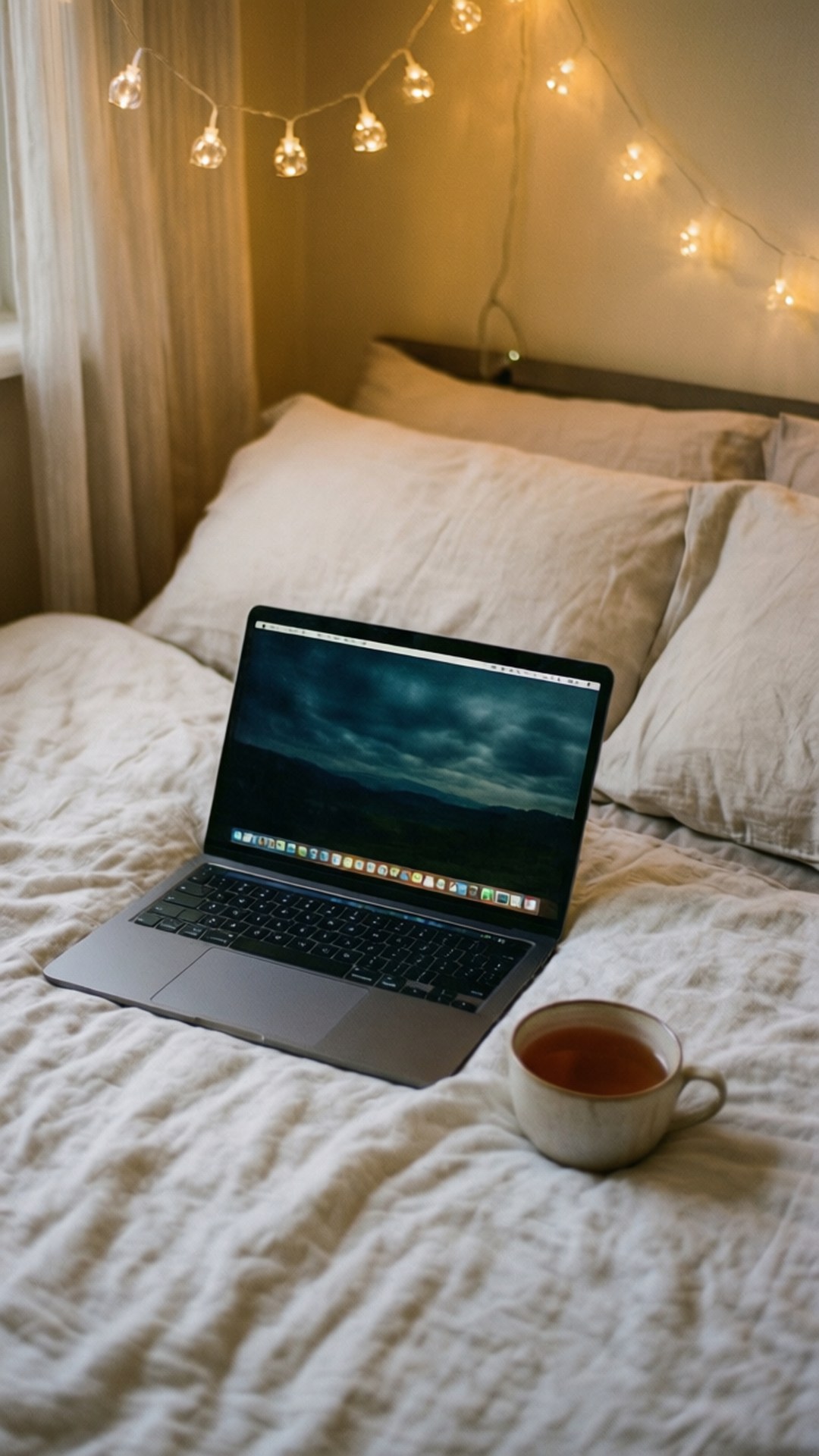 Um laptop em uma cama com chá, travesseiros e luzes de fada.