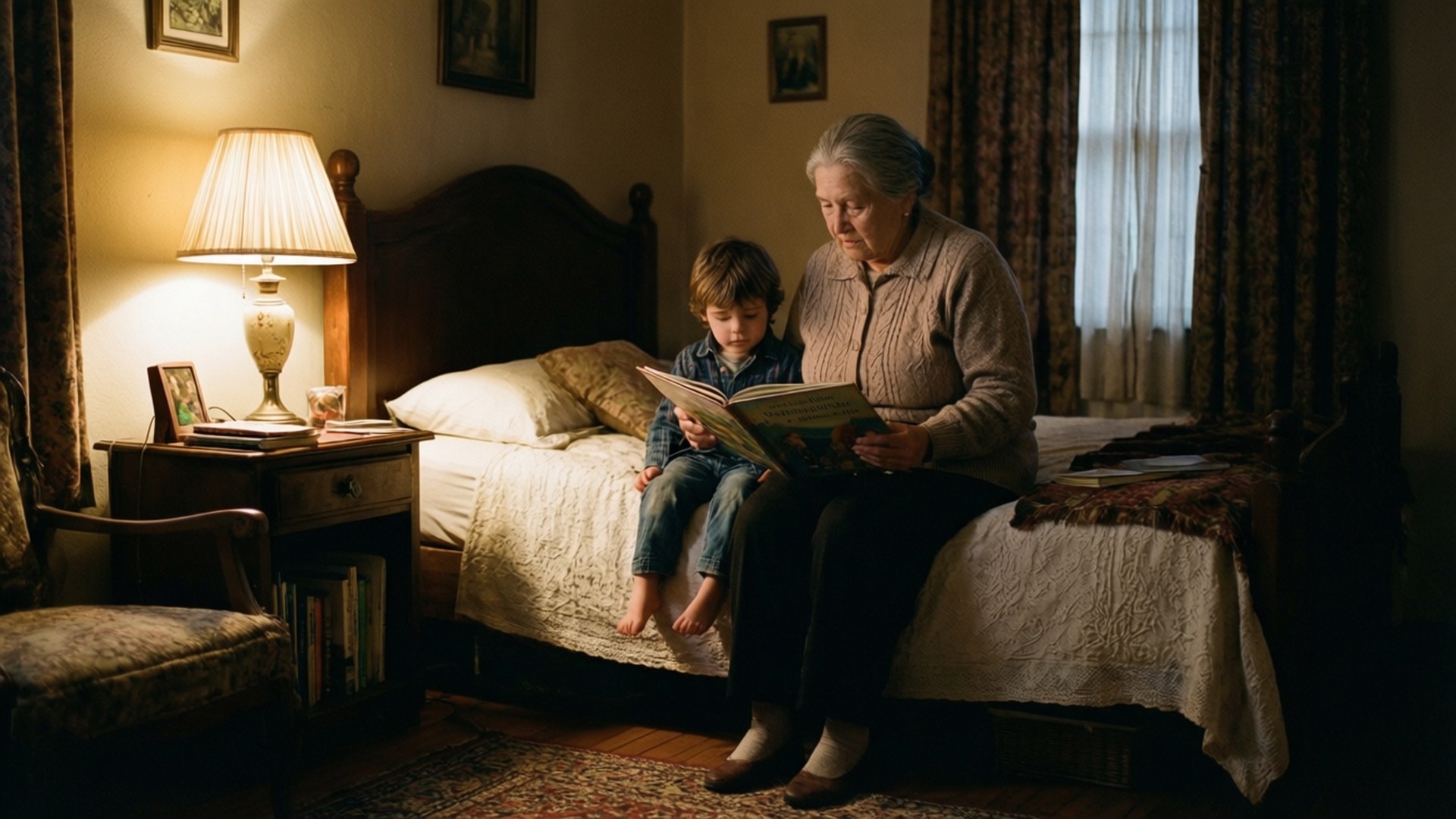 Bestemor leser en historie for et barn i et svakt opplyst soverom, nostalgisk.