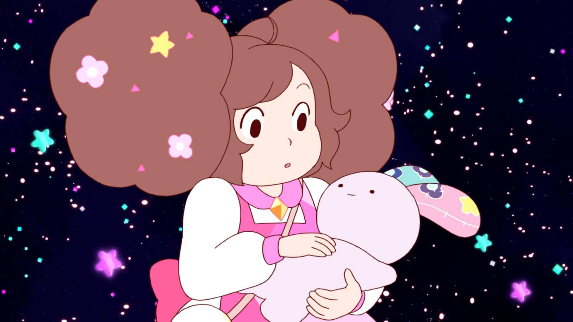 A Girl Holding A Stuffed Animal In Front Of A Starry Sky Wallpaper