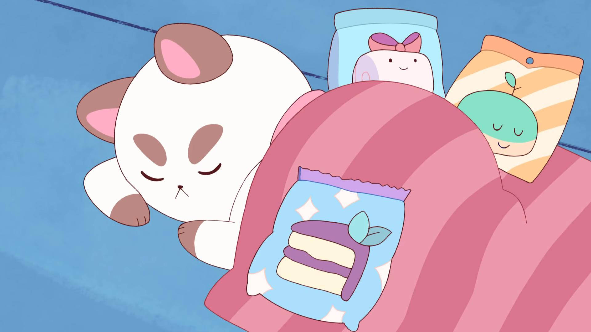 A Cat Is Sleeping On A Bed With Some Snacks Wallpaper
