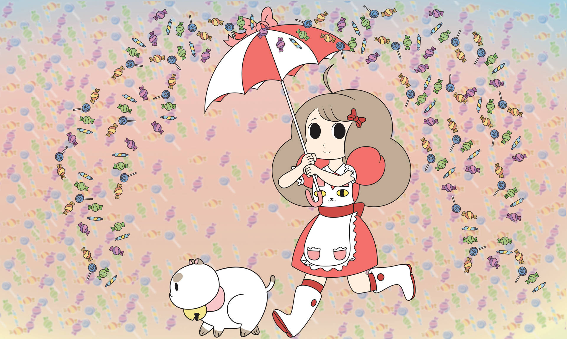 A Girl With An Umbrella And A White Dog Wallpaper