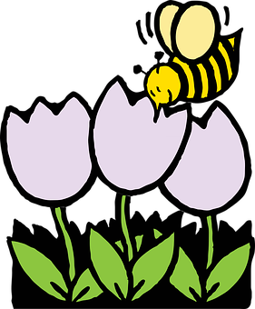 Bee Approaching Flowers Vector PNG — A yellow and black cartoon bee hovers near three light purple tulips with green stems against a black background.