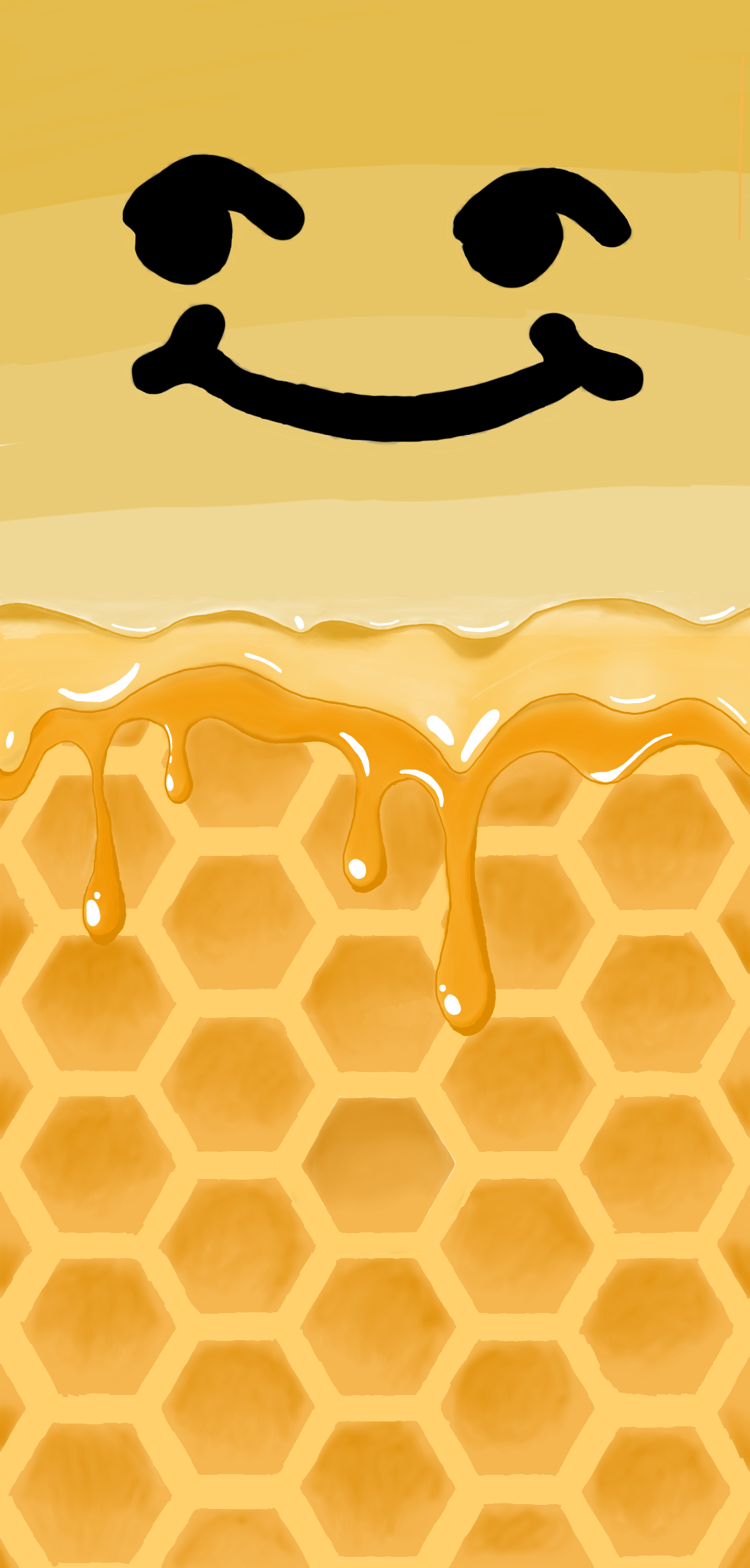 Bee Background — A cheerful smiling face made of honey drips over a golden honeycomb background.