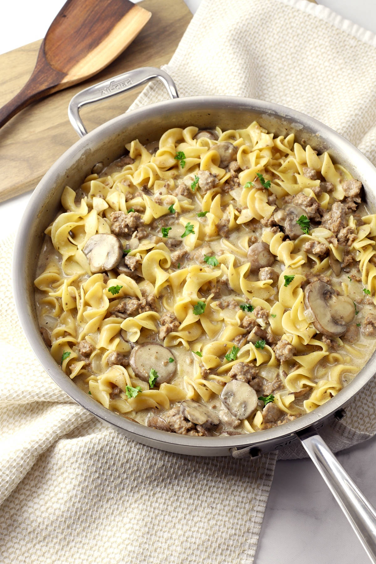 Delectable Beef Stroganoff Served with Rotini Pasta Wallpaper