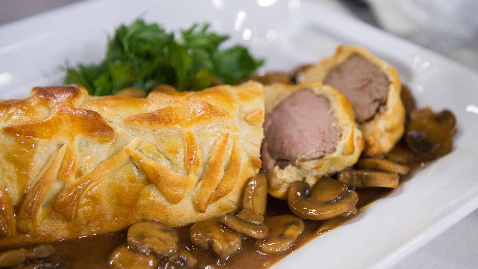 "A classic gourmet Beef Wellington served with rich mushroom sauce." Wallpaper