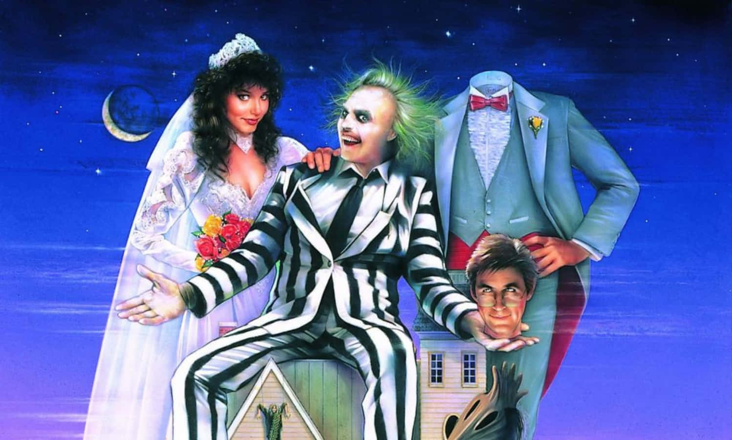 Beetlejuice in his iconic striped suit, holding a shrunken head.