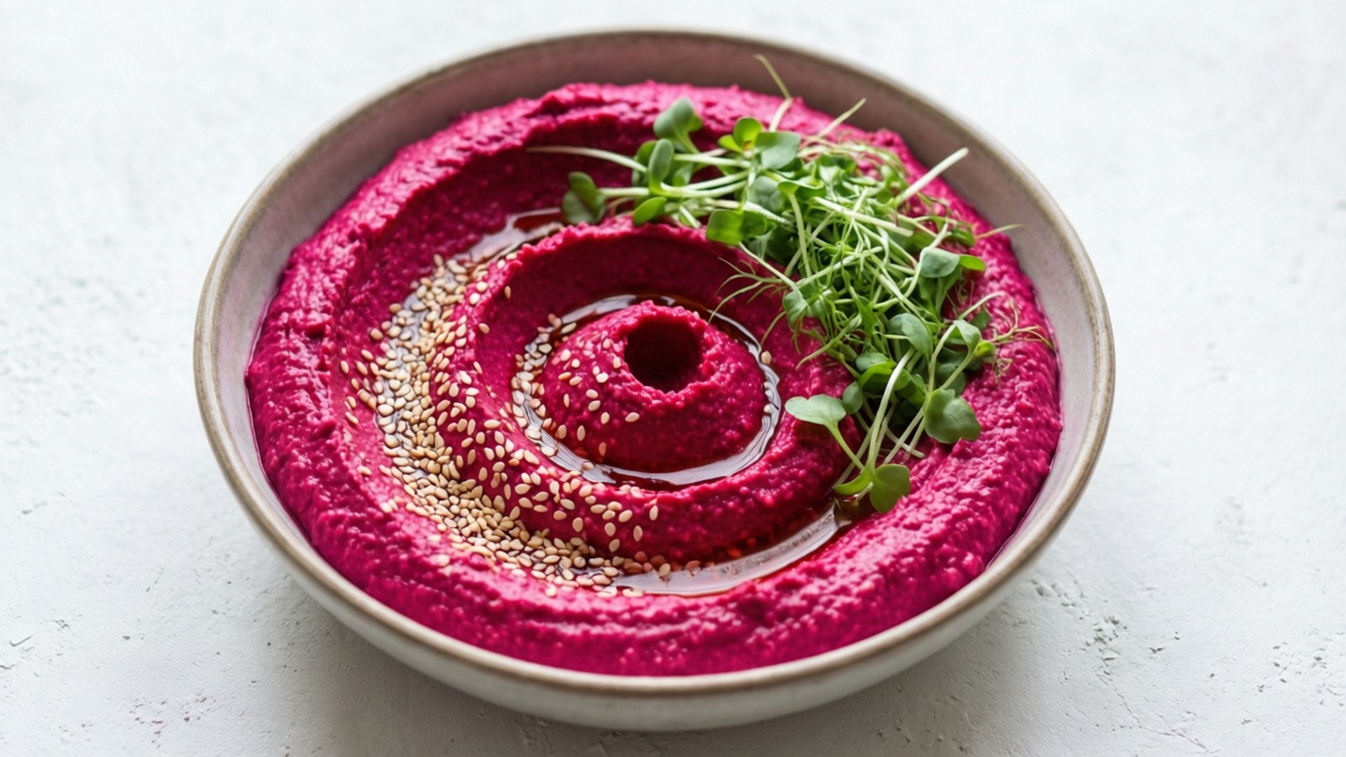 Mangkuk hummus bit merah muda yang cerah dengan biji wijen