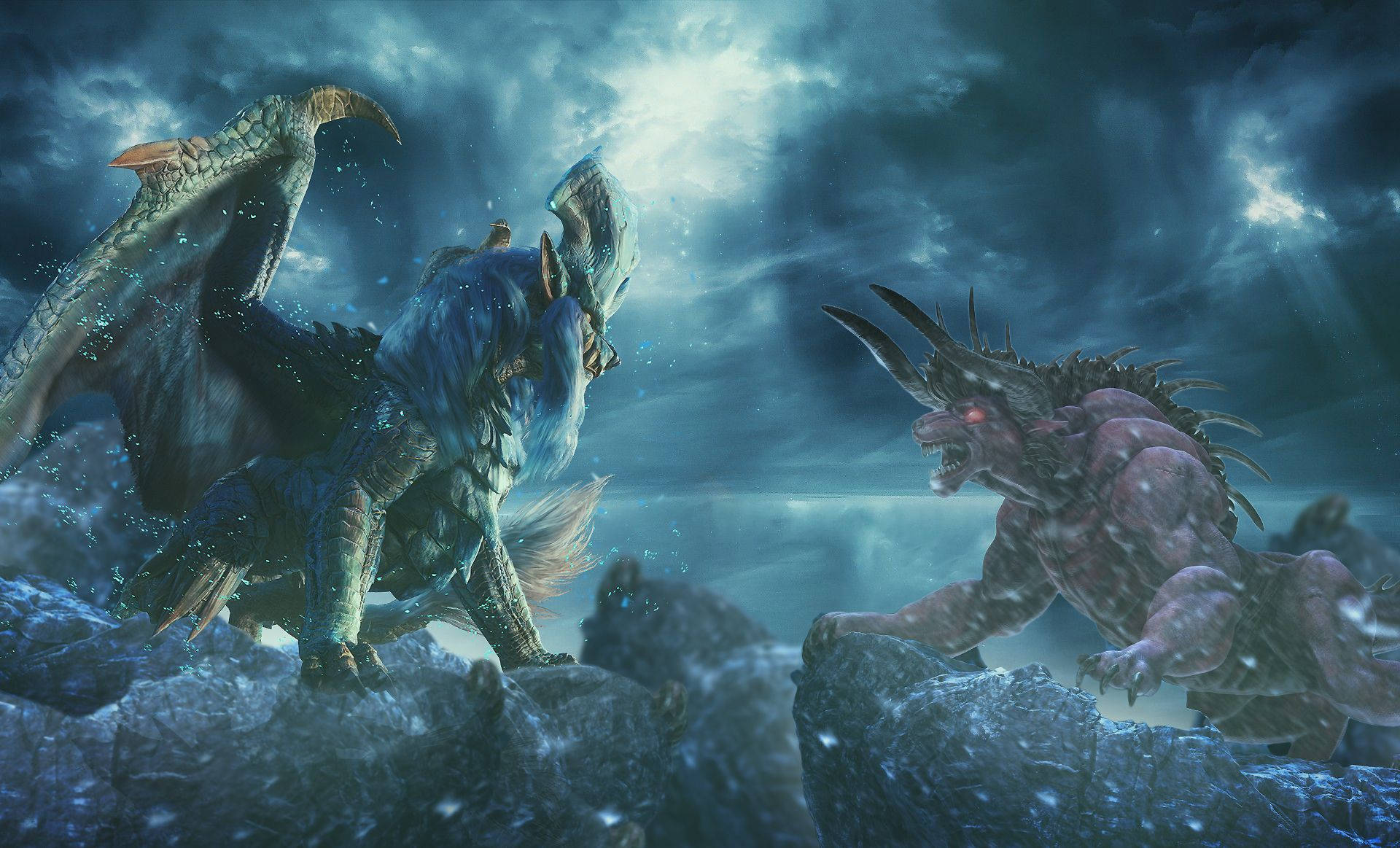 Behemoth clashes with Lunastra in Monster Hunter World Wallpaper