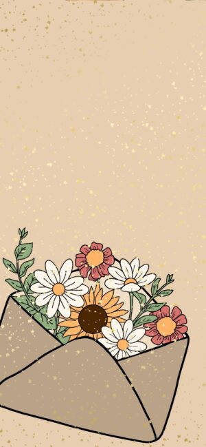 Beige Aesthetic Phone With Envelope Filled With Flowers Background