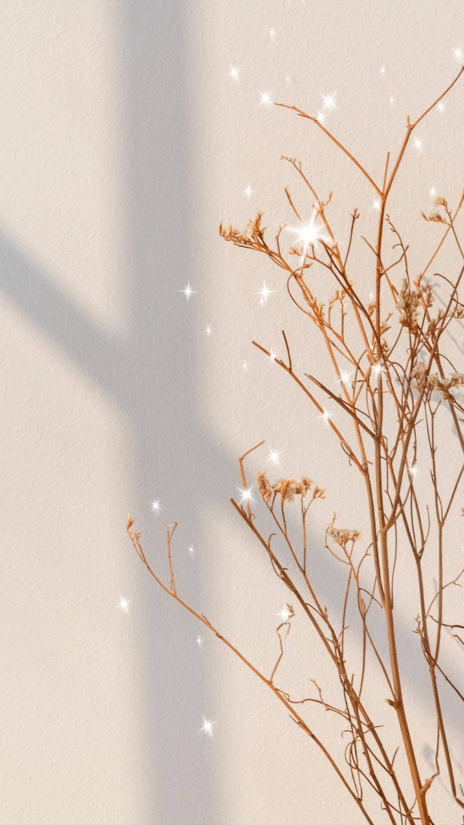Beige Aesthetic Phone With Glittering Branch Background