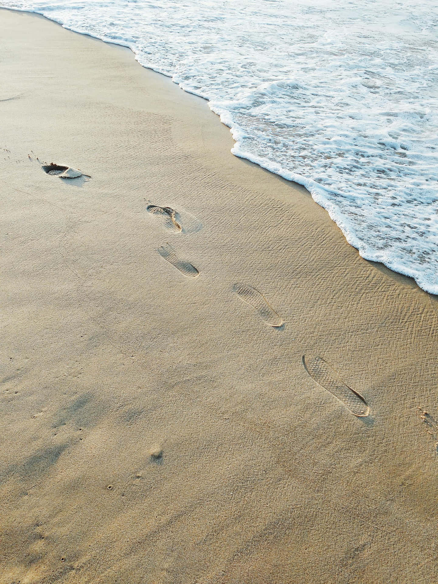 Beige Beach Footprints Sand Waves Wallpaper