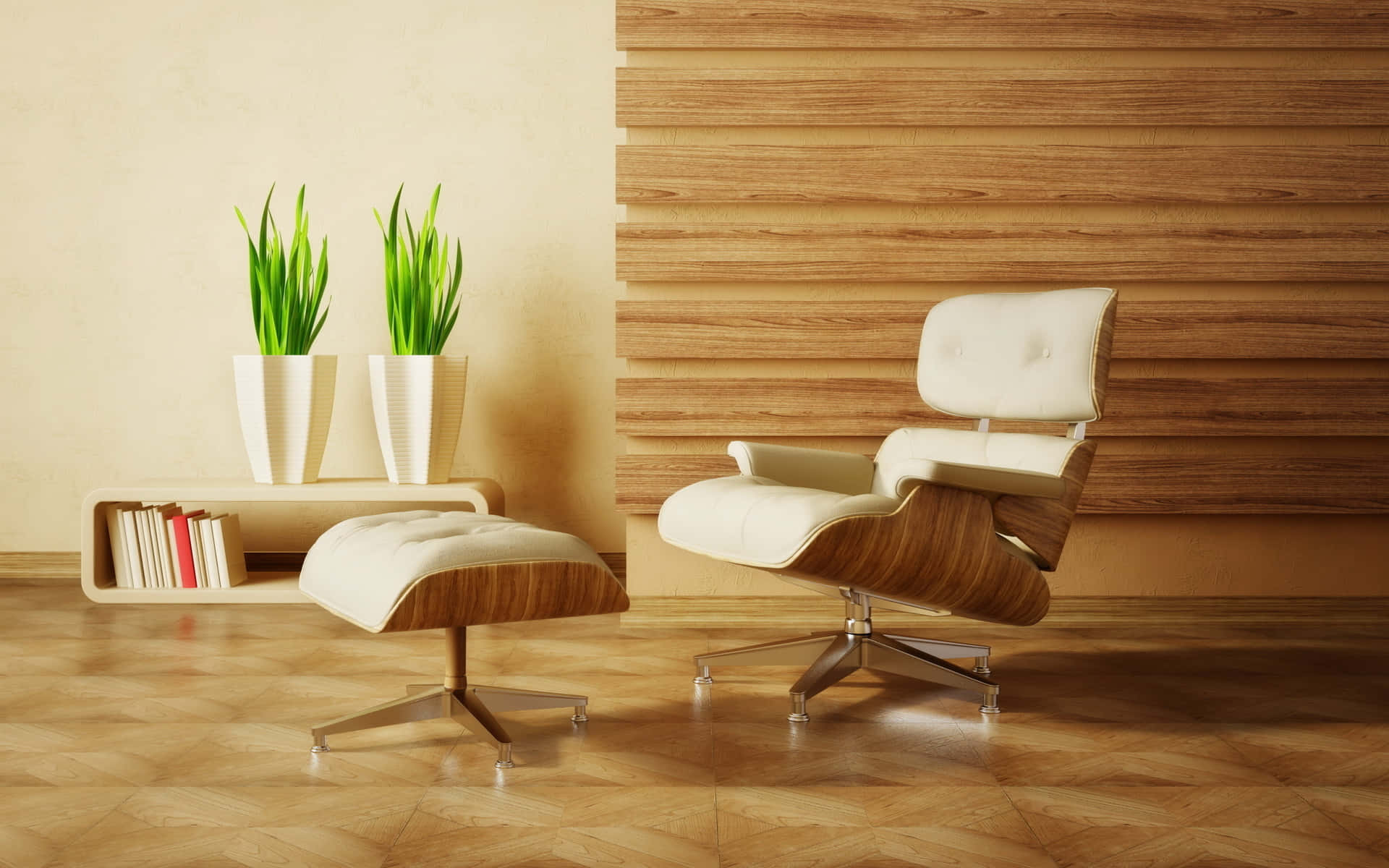 Beige Lounge Chair On Wooden Interior Wallpaper