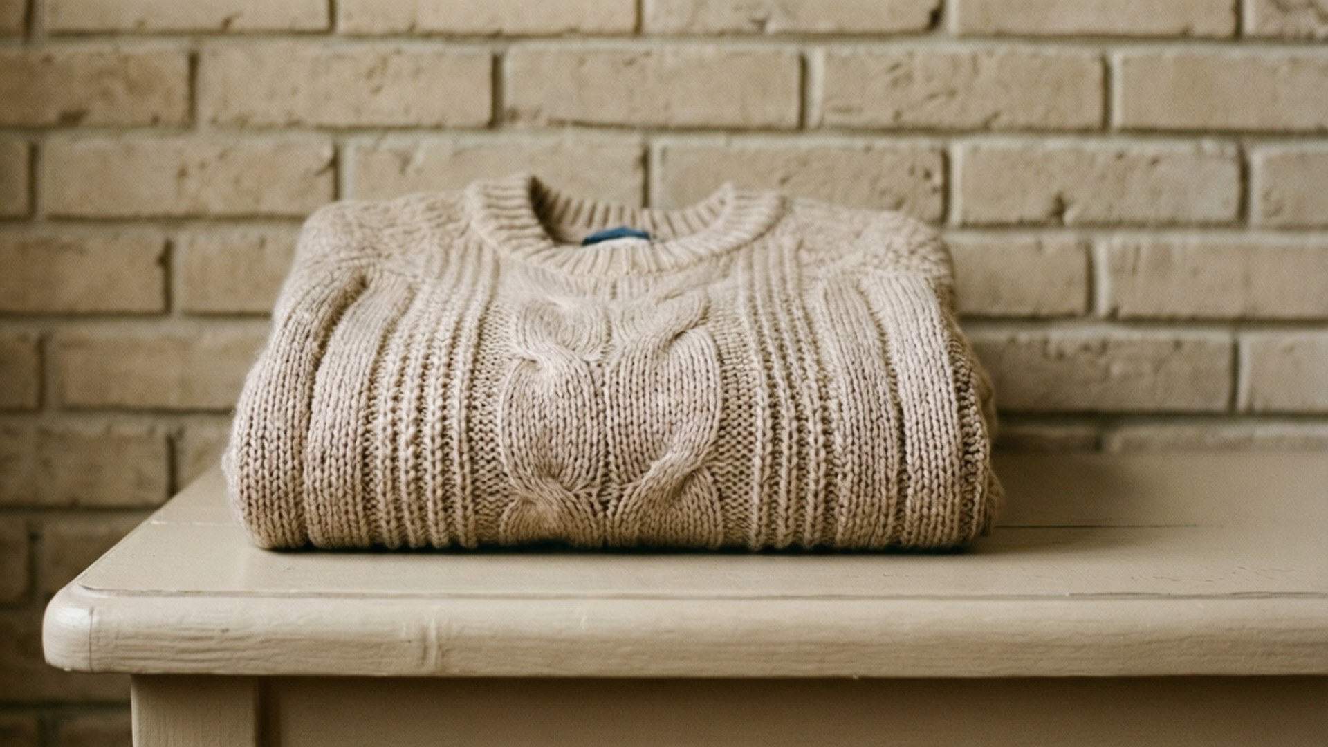 Beige Knitted Sweater Wallpaper — A neatly folded beige cable-knit sweater rests on a weathered wooden table against a textured brick wall.